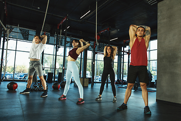 Image showing A group of muscular athletes doing workout at the gym