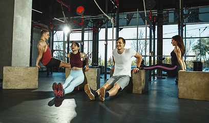 Image showing A group of muscular athletes doing workout at the gym