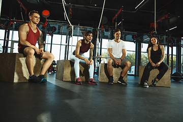 Image showing A group of muscular athletes doing workout at the gym