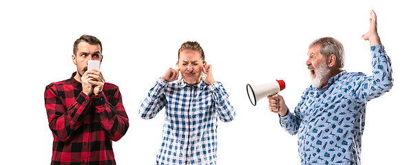 Image showing Family members arguing with one another on white studio background.