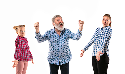 Image showing Family members arguing with one another on white studio background.