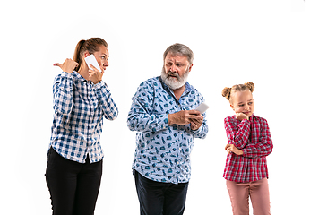 Image showing Family members arguing with one another on white studio background.