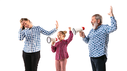 Image showing Family members arguing with one another on white studio background.