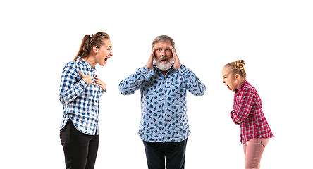 Image showing Family members arguing with one another on white studio background.