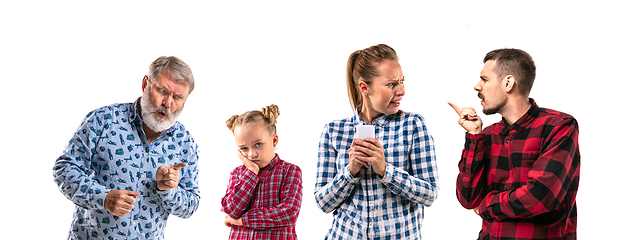 Image showing Family members arguing with one another on white studio background.