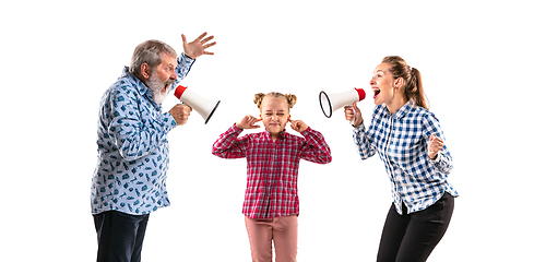 Image showing Family members arguing with one another on white studio background.