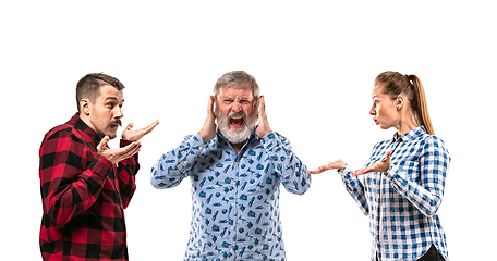 Image showing Family members arguing with one another on white studio background.