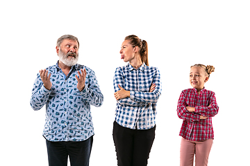 Image showing Family members arguing with one another on white studio background.