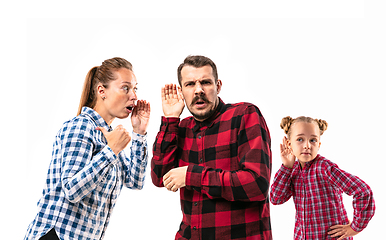 Image showing Family members arguing with one another on white studio background.