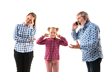 Image showing Family members arguing with one another on white studio background.