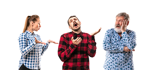 Image showing Family members arguing with one another on white studio background.