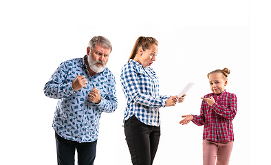 Image showing Family members arguing with one another on white studio background.