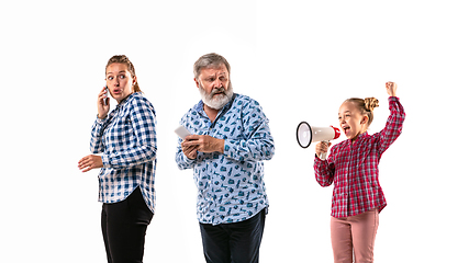 Image showing Family members arguing with one another on white studio background.