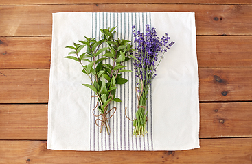 Image showing greens, spices or medicinal herbs on towel