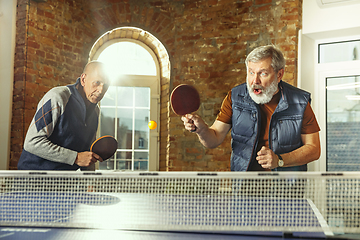 Image showing Senior men playing table tennis in workplace, having fun