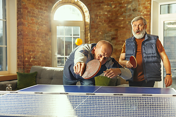 Image showing Senior men playing table tennis in workplace, having fun