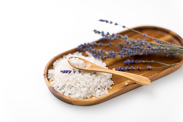 Image showing sea salt heap, lavender and spoon on wooden tray