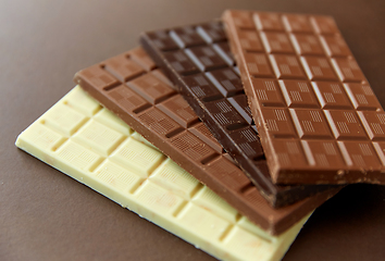 Image showing different kinds of chocolate on brown background