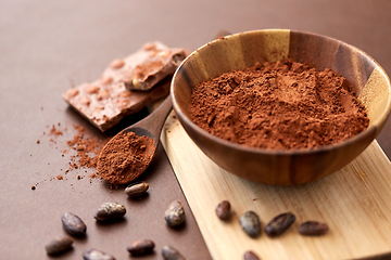 Image showing chocolate with hazelnuts, cocoa beans and powder