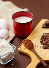 Image showing chocolate, cocoa powder, milk, eggs and flour