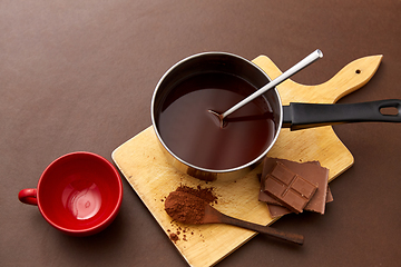 Image showing pot with hot chocolate, mug and cocoa powder