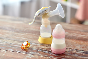 Image showing bottle with baby milk formula and breast pump