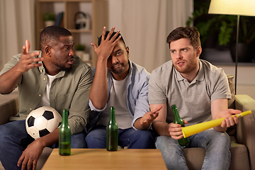 Image showing sad male friends or soccer fans with beer at home