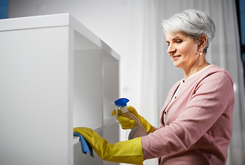 Image showing senior woman cleaning rack with detergent at home