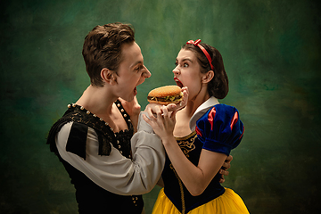 Image showing Young ballet dancers as a Snow White\'s characters in forest, modern tales