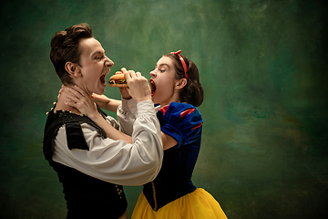 Image showing Young ballet dancers as a Snow White\'s characters in forest, modern tales