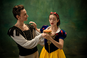 Image showing Young ballet dancers as a Snow White\'s characters in forest, modern tales