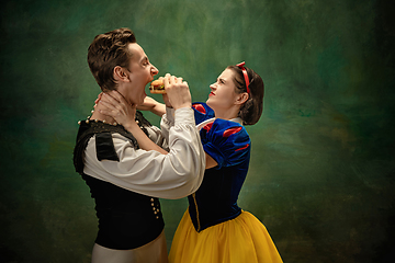 Image showing Young ballet dancers as a Snow White\'s characters in forest, modern tales