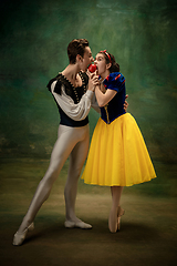 Image showing Young ballet dancers as a Snow White\'s characters in forest modern tales