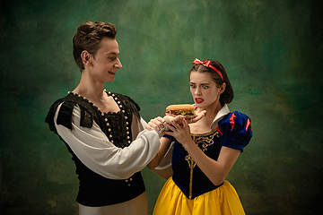 Image showing Young ballet dancers as a Snow White\'s characters in forest, modern tales