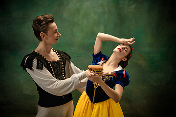 Image showing Young ballet dancers as a Snow White\'s characters in forest, modern tales
