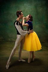 Image showing Young ballet dancers as a Snow White\'s characters in forest, modern tales