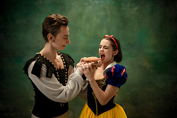 Image showing Young ballet dancers as a Snow White\'s characters in forest, modern tales