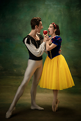 Image showing Young ballet dancers as a Snow White\'s characters in forest modern tales