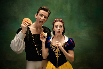 Image showing Young ballet dancers as a Snow White\'s characters in forest modern tales