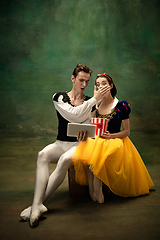 Image showing Young ballet dancers as a Snow White\'s characters in forest modern tales