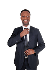 Image showing African business man fixing his tie