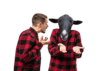 Image showing Man arguing with himself as a donkey on white studio background.