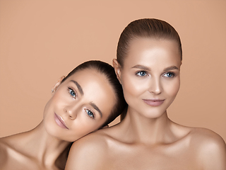 Image showing Portrait of beautiful young women isolated on brown studio background