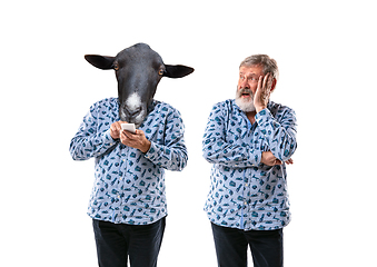 Image showing Senior man arguing with himself as a donkey on white studio background.