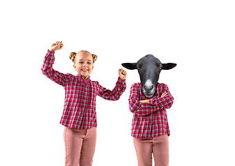 Image showing Young handsome girl arguing with herself as a donkey on white studio background.