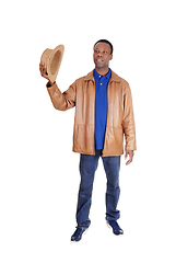 Image showing Handsome man standing in brown leather jacket