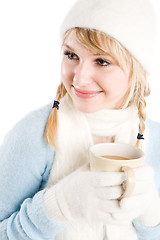 Image showing Caucasian girl drinking coffee