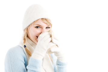 Image showing Caucasian girl drinking coffee