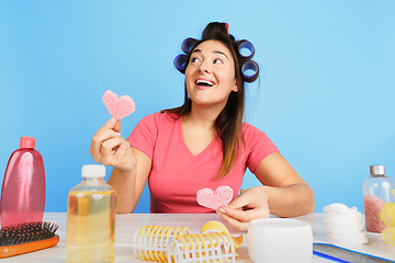 Image showing Portrait of young caucasian woman in her beauty day and skin care routine