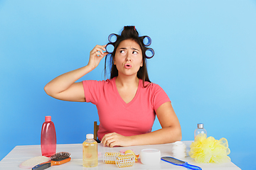 Image showing Portrait of young caucasian woman in her beauty day and skin care routine